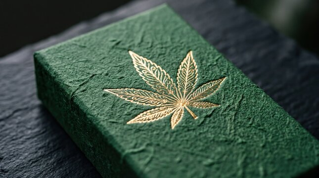 Eco-friendly packaging: A close-up of a textured green cannabis box with elegant gold leaf embossing