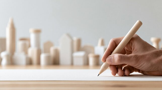 Hand drawing architectural blueprint with wooden building models in soft, natural light
