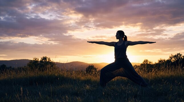 health sunset woman body exercise in peaceful yoga pose at sunset with a serene landscape, showcasing female strength and balance in silhouette against a beautiful sk