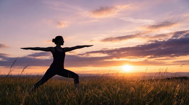 health sunset woman body exercise outdoors in a yoga pose as the sun sets behind her, highlighting her silhouette and promoting healthy living and fitnes