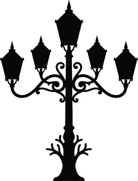 Vintage classic street lamppost silhouette with five lanterns and ornate decorative iron scrolls park decoration vector