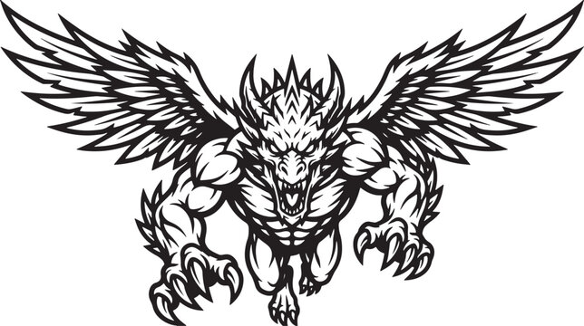 Powerful winged dragon mascot in aggressive pouncing pose