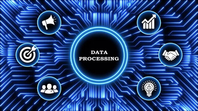 Data processing concept with icons connecting to central circle motion.