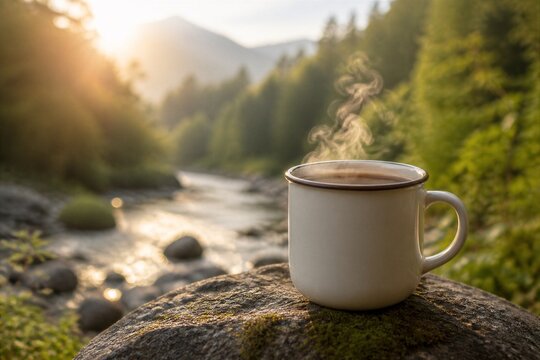A cup of hot coffee sits on a rock near a flowing river. The sun is rising over the mountains, and steam rises from the coffee. Trees surround the scene, creating a natural setting.