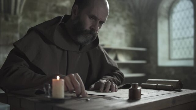 Medieval copyist finishing a text using a feather pen and extinguishing a burning candle via a metal spoon, with a window in the background, inside a dark scriptorium