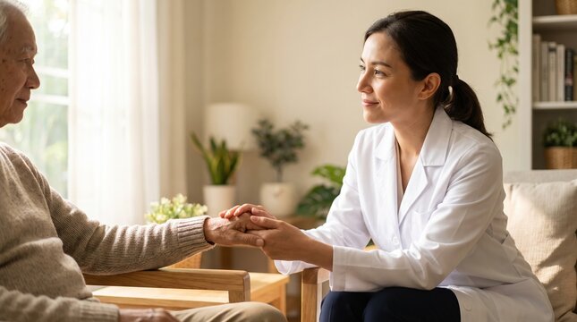 Disease doctor medicals arthritis elderly care as a compassionate doctor in a white coat holds the hand of an elderly patient during a home visit, bright day settin