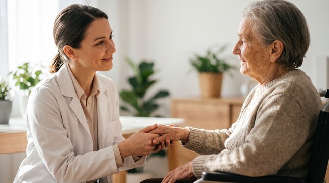 disease doctor medicals arthritis elderly care as a compassionate doctor holds hands with an elderly patient in a home setting, promoting medical support and comfor