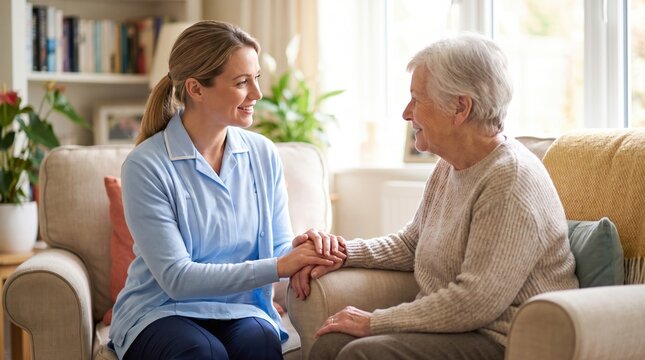 disease doctor medicals arthritis elderly care at home as a nurse in a blue uniform holds hands with a smiling senior woman in a cozy living room settin