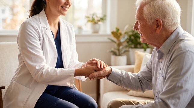 disease doctor medicals arthritis elderly patient consultation at home with caring female doctor holding elderly man's hand in a bright roo