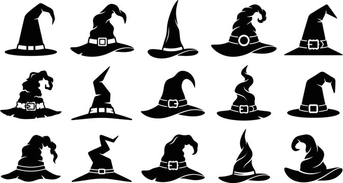 Halloween Witch Hat Silhouette Bundle, Spooky Wizard Headwear Collection, Black Magic Fantasy Costume Icons, Gothic Autumn Holiday Craft Design