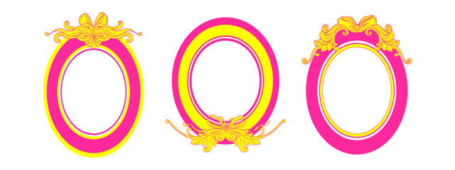Pink oval mirror frame adorned with ribbon and baroque ornament. Ideal border for princess birthday invitation, coquette style wedding or cute girly decoration project. Vector hand drawn line set © Yauheniya_Bandaruk