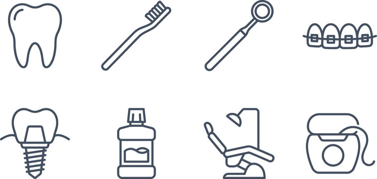Dental Care and Orthodontic Dentistry Vector Line Icon Set