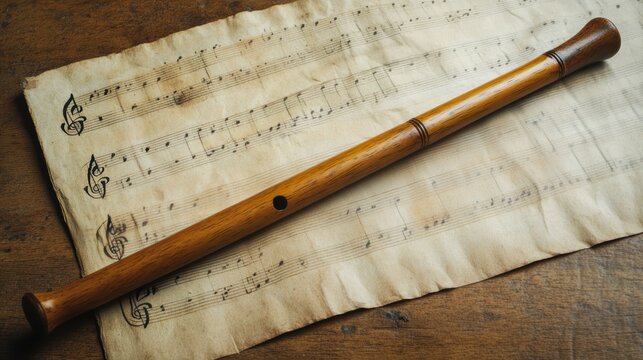 Wooden flute rests on aged musical sheet music on wooden surface.