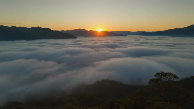 Breathtaking sunrise over Sagada mountains with sea of clouds