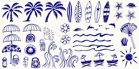 hand drawn blue summer beach doodles on white background palm tree surfboard starfish umbrella jellyfish shell flower © Sudhakar