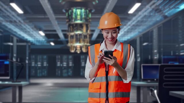 Asian Female Engineer With Safety Helmet Using Smartphone And Looking Around While Standing at Futuristic Quantum Computer Data Center Control Room