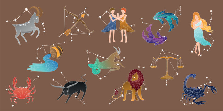Vector zodiac constellation set with animals and two women, colorful celestial icons