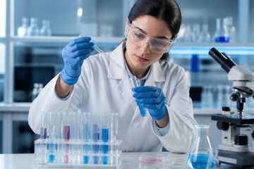Fototapeta premium A scientist wearing a lab coat and gloves is focused on adding a solution to a test tube. The laboratory is filled with glassware and scientific instruments.