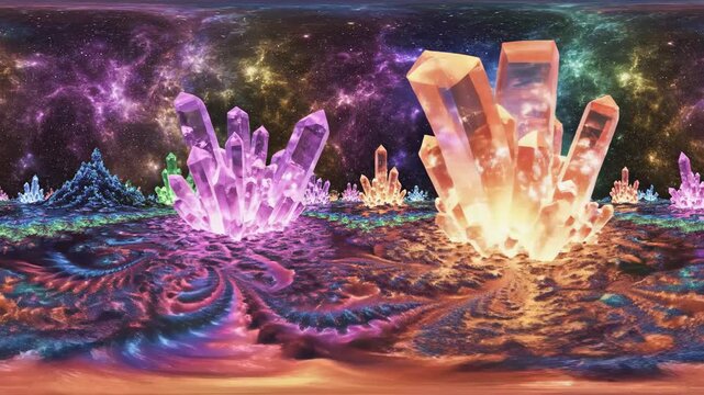 A surreal digital painting depicts a vibrant landscape filled with glowing crystals under a starry nebula and cosmic background. Fantasy vista, otherworldly illumination.