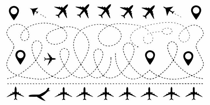 aviation route map with airplane silhouettes and dotted lines silhouette line travel transport navigation flight journey plane