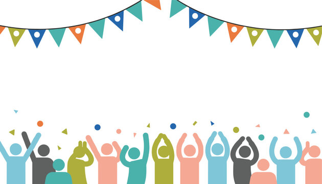 Festive celebration banner shows colorful bunting flags over diverse silhouettes of people cheering and dancing with falling confetti.