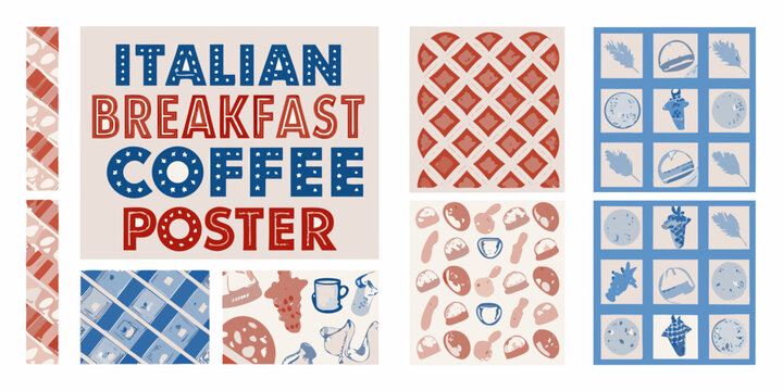 italian breakfast coffee poster with retro patterns and food illustrations croissant muffin cup eggs bacon pancake vector