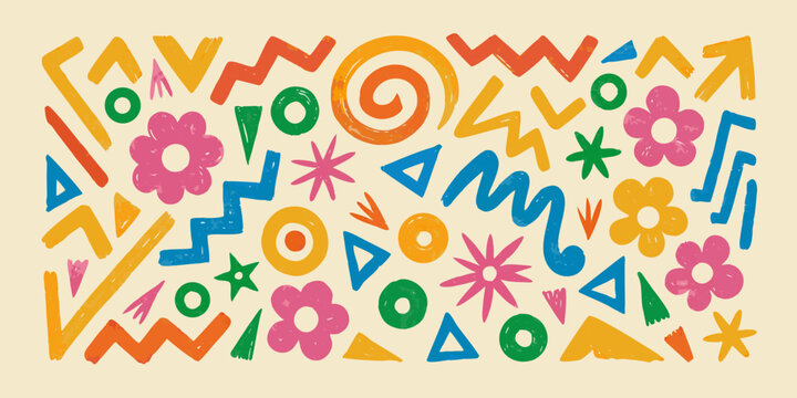 hand drawn abstract pattern with colorful geometric shapes zigzag spiral flower triangle circle star vector illustration artistic