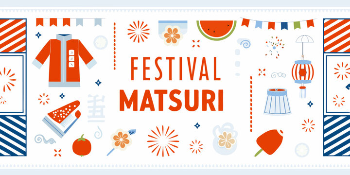 japanese summer festival matsuri flat illustration with colorful elements kimono lantern watermelon fireworks stripes background white design