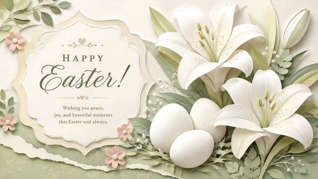 Paper Cut Happy Easter Card with White Lilies, Eggs and Layered Greenery