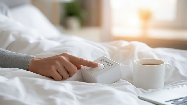 Hand pressing snooze button on alarm clock in bed with coffee and laptop, morning routine