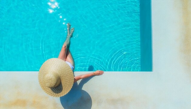 Woman wearing straw hat relaxes poolside, viewed from above against striking turquoise water during luxurious summer holiday travel.

