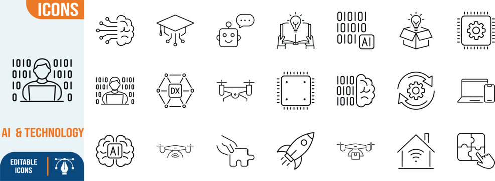 Artificial intelligence technology editable icons. robot icon set, drone icon set, brain icon set