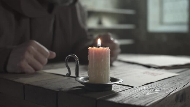 Monastic desk with a burning candle, with hands of a scribe checking a liturgical page and placing it on a stack of handwritten manuscripts, inside a medieval scriptorium, tracking shot