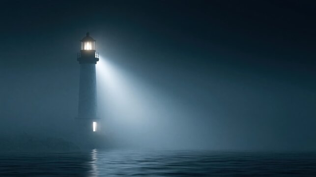 Mysterious lighthouse in dense fog emitting a powerful beam of light over dark ocean water