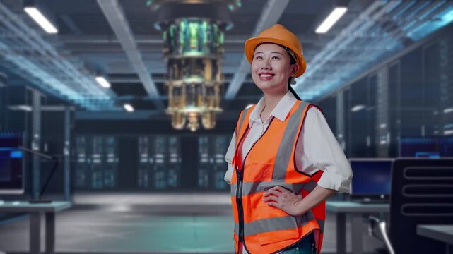 Side View Of Asian Female Engineer Wearing Safety Helmet Looking Around While Standing With Arms Akimbo at Futuristic Quantum Computer Data Center Control Room
