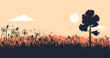 Fototapeta premium Silhouette Dandelion Meadow with Floating Seeds Nature Background. Vector Illustration