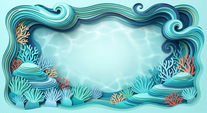 Summer ocean marine life paper craft frame template with sea waves and tropical corals.