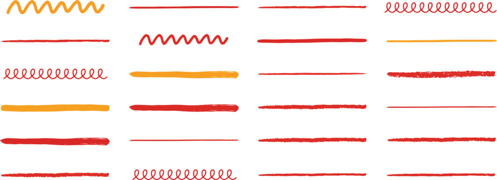 Collection of hand drawn red and orange brush stroke lines and coils