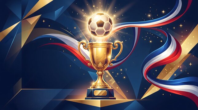 Shiny golden soccer trophy cup stands proudly beneath a glowing ball with vibrant red white and blue ribbons flowing elegantly across a dark blue modern background