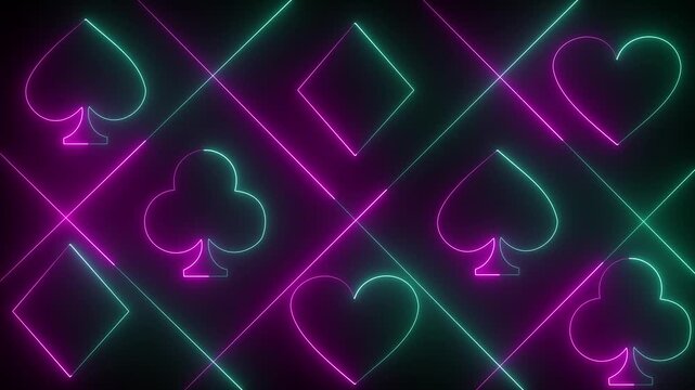 Neon casino playing cards symbols pattern with hearts clubs diamonds and spades glowing pink and cyan on black background casino gambling abstract animation 4k 