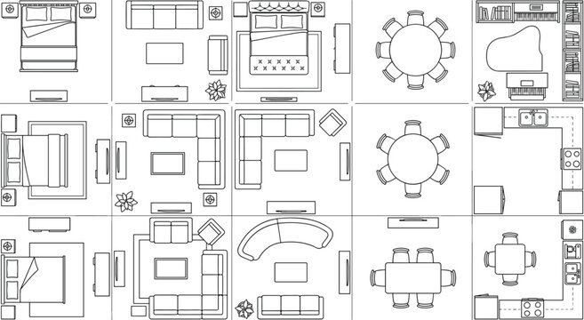 Interior design furniture layout top view line icon set with living room kitchen and bedroom floor plan vectors