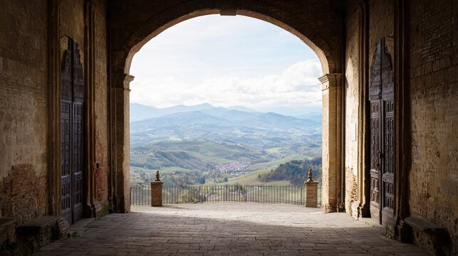 courtyard. Arched doorway framing blue sky landscape, Mediterranean architecture. real-estate listings, architecture portfolios, designed for architectural facade and classical detail presentations.