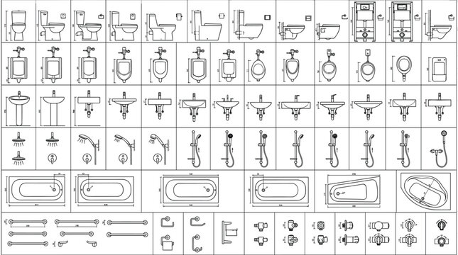 Bathroom plumbing fixtures and sanitary ware side view line icon set with toilet urinal sink shower bathtub architectural blueprint vectors