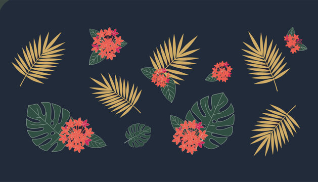 Tropical floral pattern featuring exotic golden palm fronds and red ixora flowers against a dark navy background.