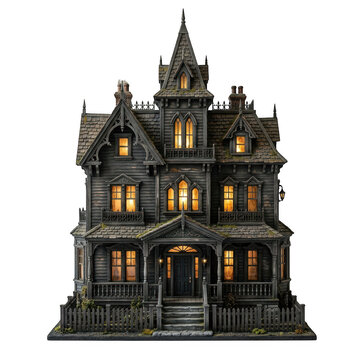 Detailed miniature victorian haunted house model with glowing windows isolated on transparent background