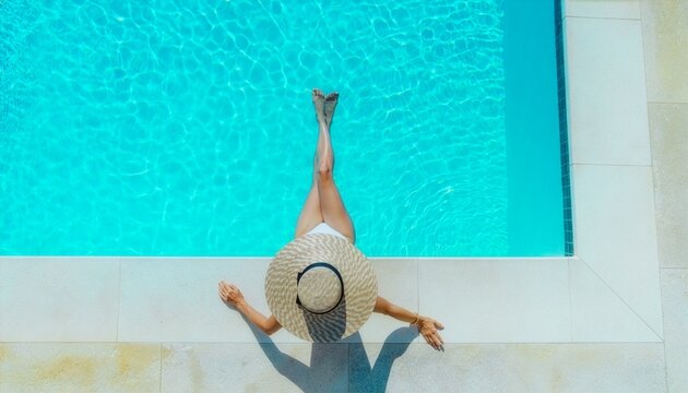 Woman wearing straw hat relaxes poolside, viewed from above against striking turquoise water during luxurious summer holiday travel.
