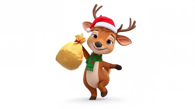 Funny cartoon deer with a sack festive Christmas isolated on white background, animation