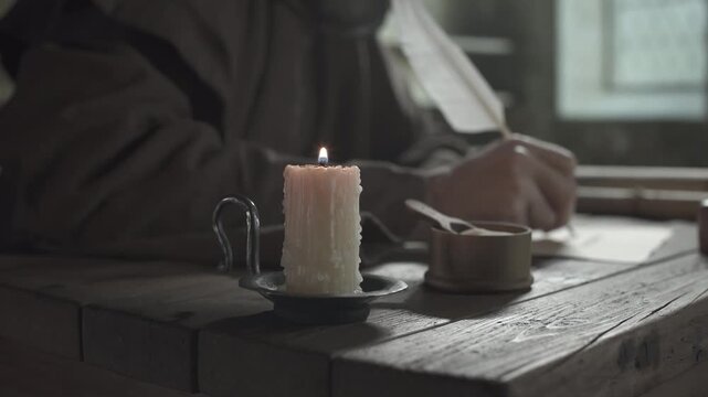 Monastic scribe dipping a long feather quill into a clay inkwell and writing a manuscript page next to a burning candle, inside a scriptorium, tracking shot