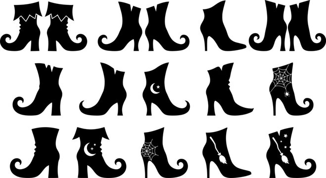 Halloween Witch Boots Silhouette Collection, Spooky Curly Toe Boots With Moon, Stars, Spider Web, Flying Broom, Gothic Fantasy Magic Halloween Footwear
