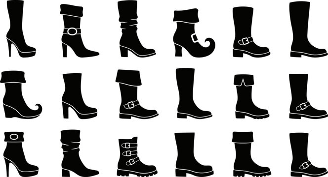 Halloween Witch Boots Silhouette Collection, Spooky Magic Footwear With Buckle, Curved Toe, Heeled, Vintage, Gothic And Fantasy Halloween Designs